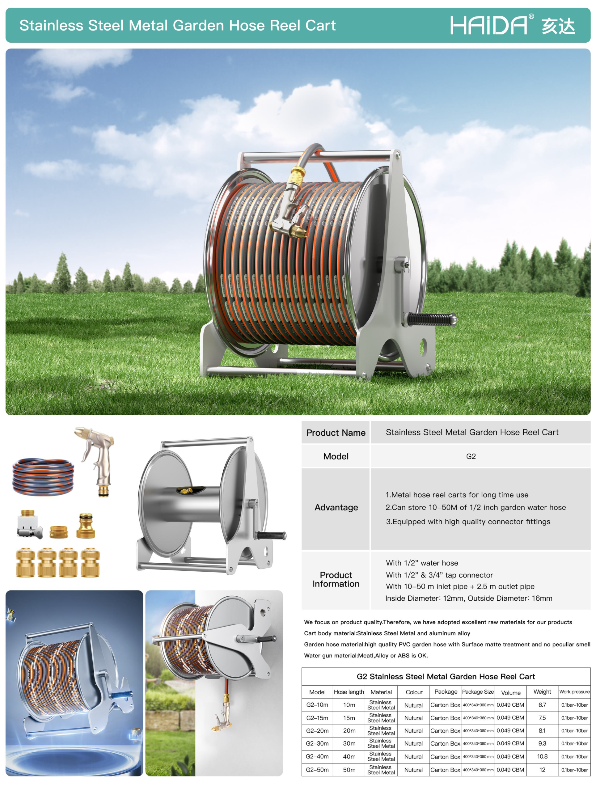 g1 classic stainless steel garden hose reel – 30m eu standard expandable garden hose 1/2 inch